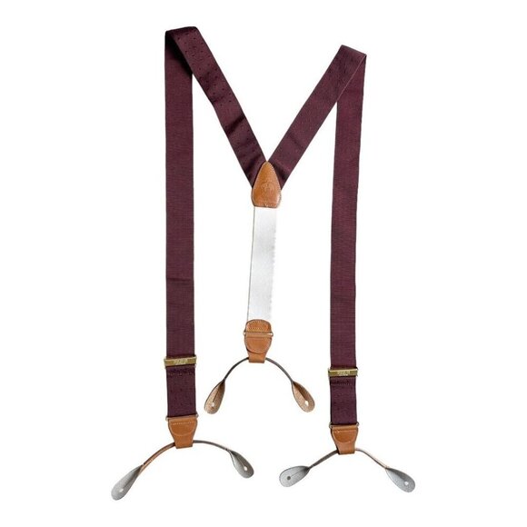 Brooks Brothers Men’s Maroon Navy Dot Adjustable Button Suspenders Silk Leather - Picture 8 of 8